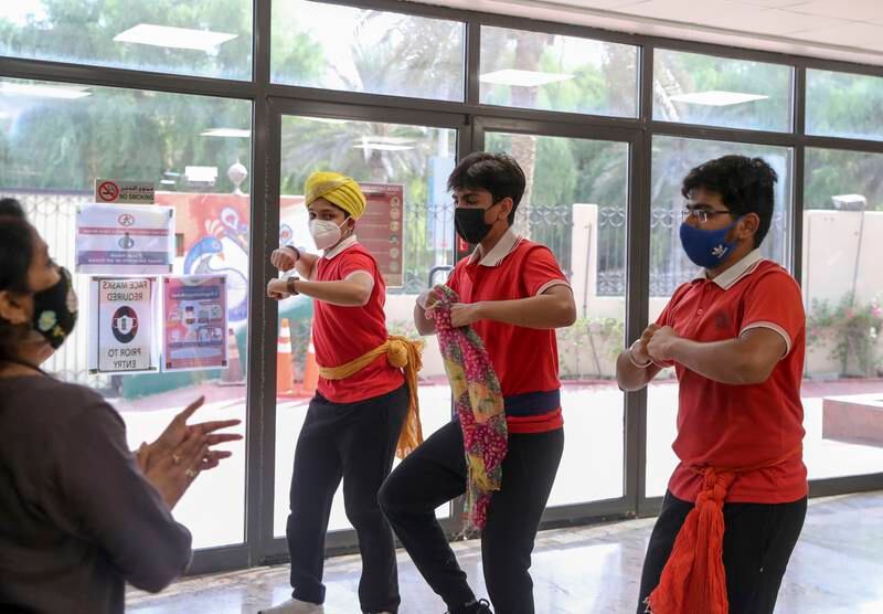 Pupils at Delhi Private School rehearse Punjabi dance for Expo 2020 Dubai. Khushnum Bhandari / The National