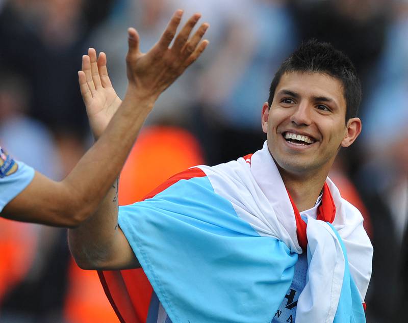 Manchester City's Argentinian striker Sergio Aguero celebrates after sealing a thrilling 3-2 victory over Queens Park Rangers at the Etihad Stadium, which secured the 2012 Premier League title. AFP