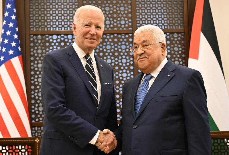 US President Joe Biden with Palestinian President Mahmoud Abbas at a welcome ceremony at the Palestinian Muqataa Presidential Compound in Bethlehem, in the occupied West Bank. AFP