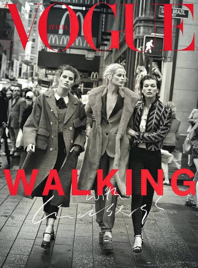 Professing to be bored by walking shots, for the October 2016 cover of Italian Vogue, Lindbergh had three models link arms and march down a New York street.
