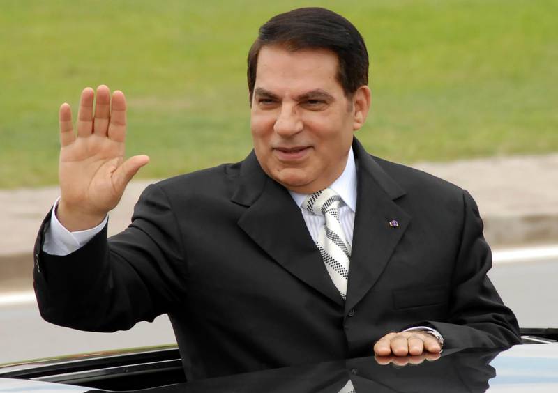 FILE - In this Oct.11, 2009 file photo, then Tunisian President Zine El Abidine Ben Ali waves from his car as he arrives at campaign rally in Rades, outside Tunis. A lawyer for the former Tunisian president ousted in the 2011 Arab Spring says Zine El Abidine Ben Ali has been hospitalized in Saudi Arabia. (AP Photo/Hassene Dridi, File)