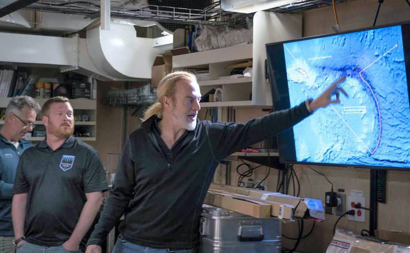 Victor Vescovo indicates to he Expedition Team the proposed routing for the South Sandwich. [Google Map Data: SIO, NOAA, U.S. Navy, NGA, GEBCO]