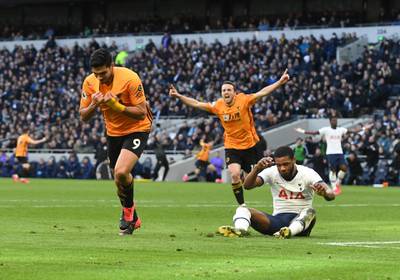 Raul Jimenez of Wolves celebrates scoring the winning goal against Tottenham. EPA
