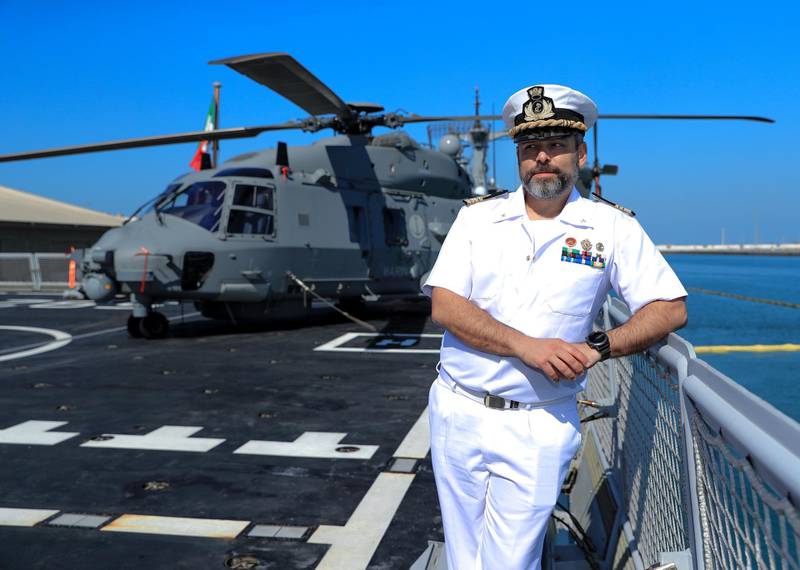 Abu Dhabi, U.A.E., February 14, 2019.  European Multi-Mission Frigate (FREMM), Italian frigate, Carlo Margottini (F 592)  has docked at the Abu Dhabi Port with Commander Marco Guerriero as the Captain.  --  Commander Marco Guerriero at the helipad of the NH90 frigate helicopter.Victor Besa/The NationalSection:  NAReporter:  Charlie Mitchell