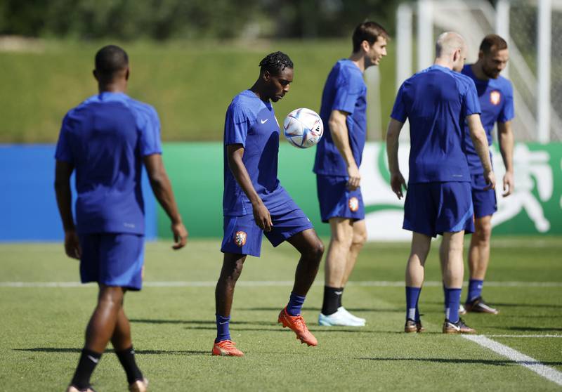 Netherlands' Jeremie Frimpong keeps up the ball during training. Reuters