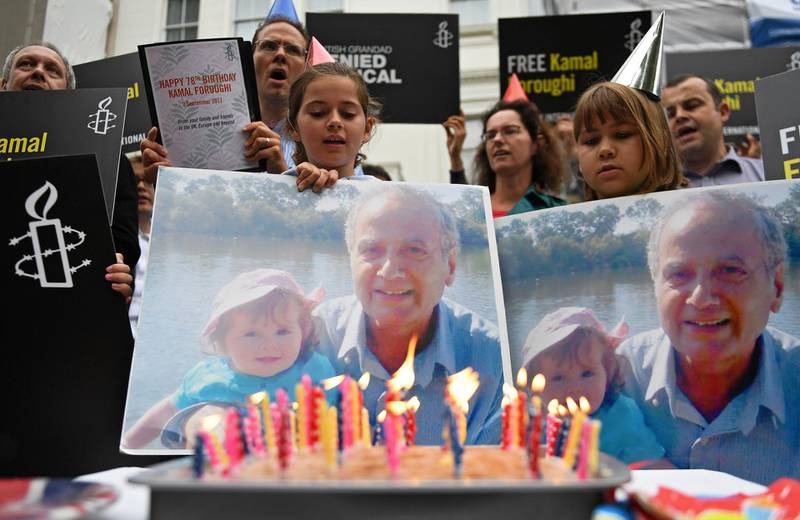 Mandatory Credit: Photo by Andy Rain/EPA-EFE/Shutterstock (9040046a)
Campaigners for British-Iranian grandfather Kamal Foroughi protest outside the Iranian embassy in London, Britain, 05 September 2017. Campaigners protested on Foroughi's 78th birthday calling on Iran to release the jailed British grandfather. The 77-year-old oil and gas company consultant who was arrested in Tehran in 2011 is serving the seventh year of his prison sentence for for espionage and posessing alcohol.
Campaigners for Kamal Foroughi protest outside Iranian Embassy in London, United Kingdom - 05 Sep 2017