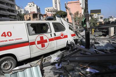 An emergency command vehicle of the Lebanese Red Cross is pictured in the aftermath of yesterday's blast. AFP