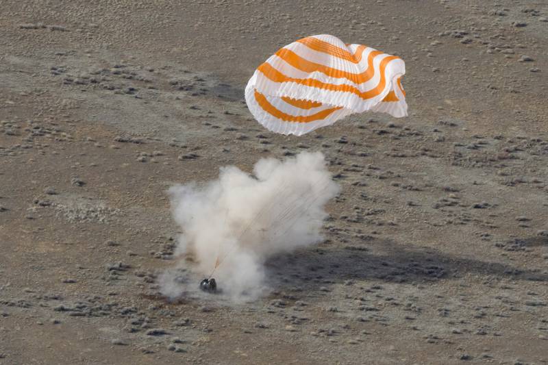 Their Russian Soyuz MS-19 space capsule lands south-east of the town of Zhezkazgan in Kazakhstan. AP