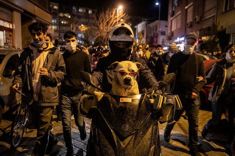 A protesters rides a motorbike with his dog during a protest in the Kadikoy district in Istanbul. Getty