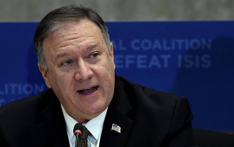 US Secretary of State Mike Pompeo delivers remarks at the Global Coalition to Defeat ISIS Small Group Ministerial, at the State Department in Washington, DC, on November 14, 2019. / AFP / Olivier Douliery

