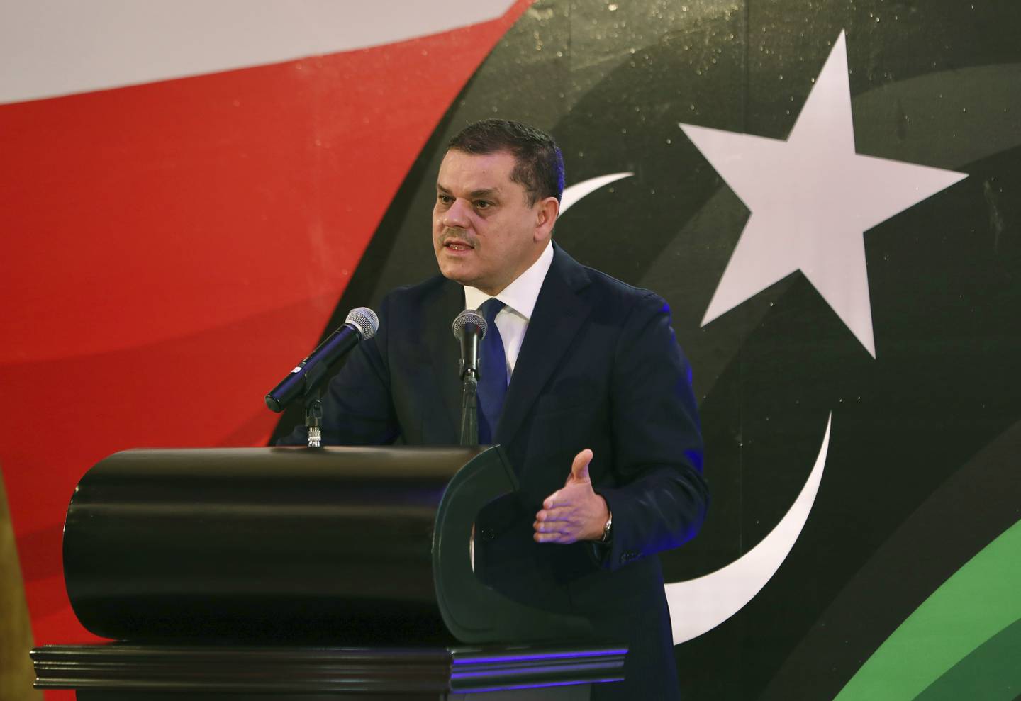 Libya's interim Prime Minister Abdul Hamid Dbeibah speaks during a news conference in Tripoli. Photo: AP