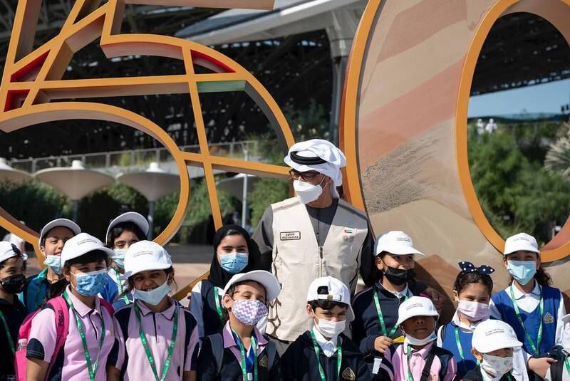 Mohamed bin Zayed with pupils on a school trip. Photo: Mohamed bin Zayed Instagram