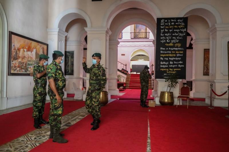 Sri Lankan special task force soldiers on duty in the palace. EPA