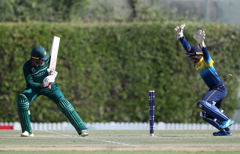 Sri Lanka's Treveen Mathew dismisses Pakistan's Haseebullah Khan at the ICC Academy, Dubai.