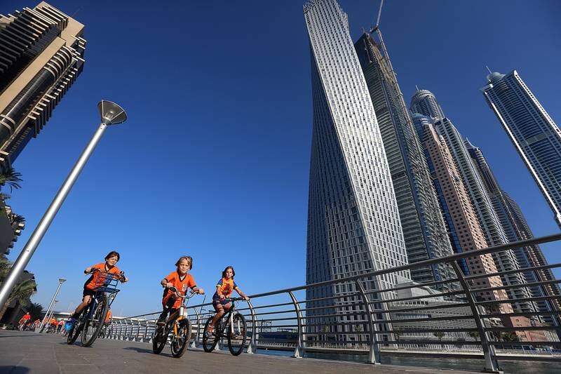 Dubai, United Arab Emirates- Jan, 08, 2016: Dutch community participate in the Cyclet to Work event  in  a 7km bike ride organised by the Dutch consulate  around the Marina and JBR area in Dubai .  ( Satish Kumar / The National  ) 
ID No:83697
Section: News
Reporter: Melanie Swan *** Local Caption ***  SK-CycletoWork-08012016-01.jpg