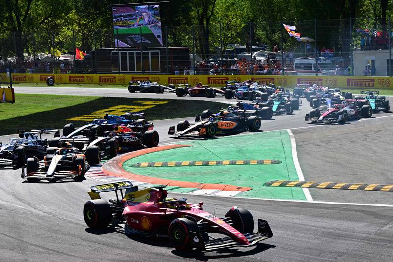 Ferrari's Charles Leclerc leads at the start of the Italian Grand Prix. AFP