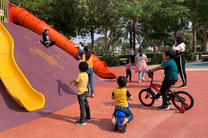 DUBAI, UNITED ARAB EMIRATES , December 25 – 2020 :- Kids playing in the play area on the Christmas day at Zabeel park in Dubai. ( Pawan Singh / The National ) For News/Standalone/Online/Instagram