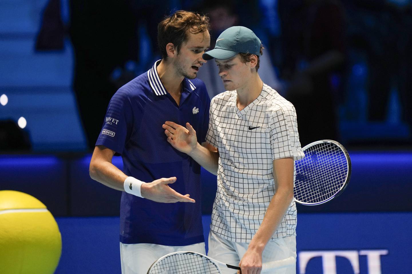 Daniil Medvedev, left, and Jannik Sinner after their ATP Finals match. AP