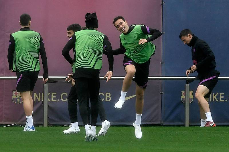Barcelona defender Eric Garcia, second right, trains with teammates on April 13, 2022, on the eve of the Spanish side's Europa League quarter-final second leg clash with Eintracht Frankfurt. The tie is poised at 1-1 after the first leg in Germany. AFP