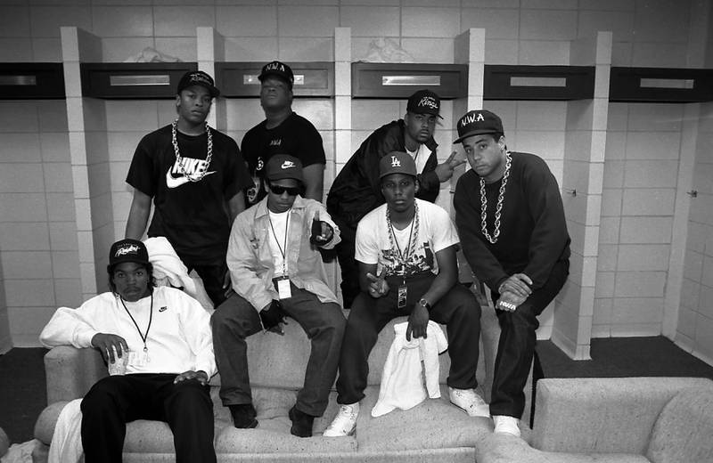 NWA's Dr Dre, Laylaw from Above The Law, The DOC, Ice Cube, Eazy-E, MC Ren and DJ Yella during their Straight Outta Compton tour in 1989. Getty Images