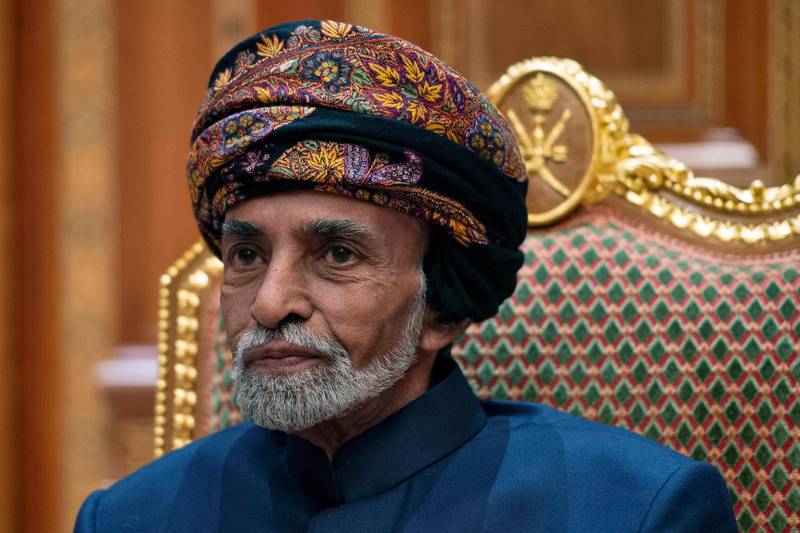 File - In this Oman, Monday, Jan. 14, 2019 file photo, Sultan of Oman Qaboos bin Said al-Said sits during a meeting with Secretary of State Mike Pompeo at the Beit Al Baraka Royal Palace in Muscat. Omanâ€™s Sultan Qaboos bin Said, the Mideast's longest-ruling monarch who seized power in a 1970 palace coup and pulled his Arabian sultanate into modernity while carefully balancing diplomatic ties between adversaries Iran and the U.S., has died. He was 79. (Andrew Caballero-Reynolds/Pool Photo via AP, File)