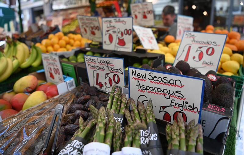 A market stall in London. Despite overall inflation falling to 8.7 per cent in April, food prices are still rising at more than 19 per cent, according to the Office for National Statistics. EPA 