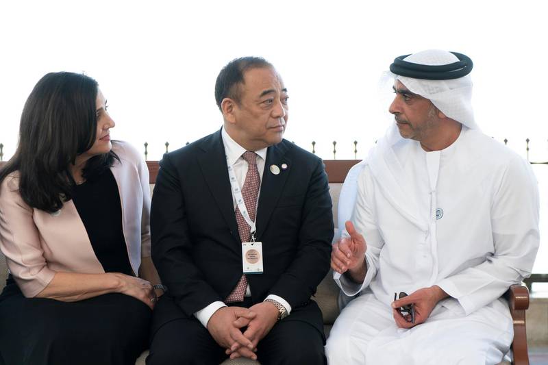 ABU DHABI, UNITED ARAB EMIRATES - November 19, 2018:  HH Lt General Sheikh Saif bin Zayed Al Nahyan, UAE Deputy Prime Minister and Minister of Interior (R), speaks with delegates from The Interfaith Alliance for Safer Communities Forum, during a Sea Palace barza.1

( Rashed Al Mansoori / Ministry of Presidential Affairs )
---
