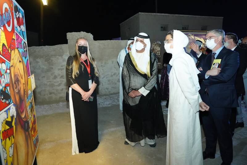 The Ruler of Ras Al Khaimah, Sheikh Saud bin Saqr Al Qasimi, and Noura Al Kaabi, Minister of Culture and Youth, at the RAK Fine Arts Festival in Al Hamra. All photos: RAK Fine Arts Festival