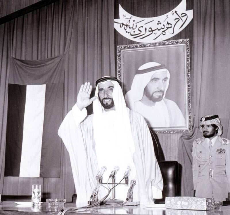 His Highness Sheikh Zayed bin Sultan Al Nahyan, President of the United Arab Emirates, opens Second Ordinary Session of the 5th Legislative Chapter of the Federal National Council on 21/12/1982 Courtesy FNC 