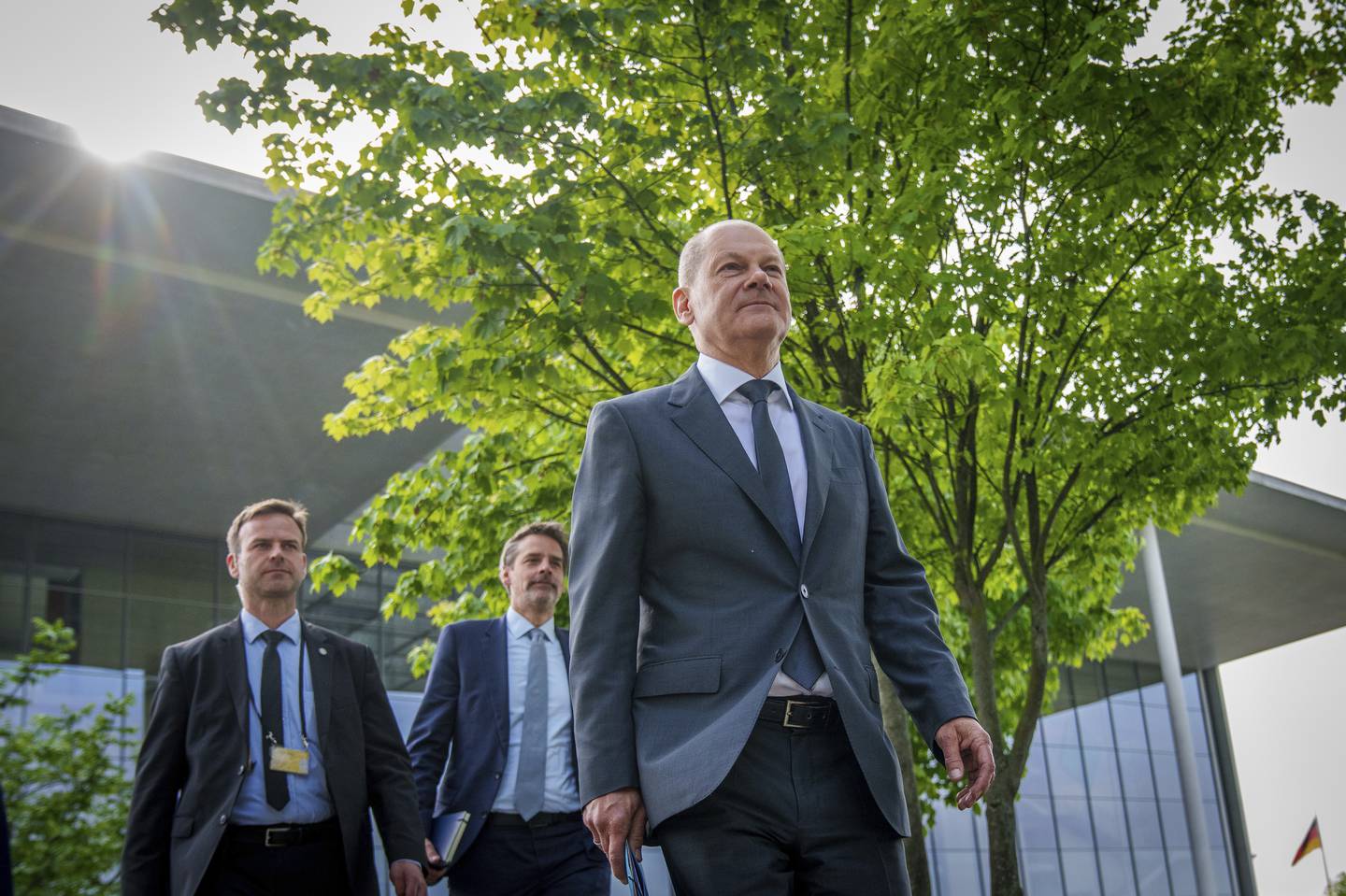Chancellor Olaf Scholz leaves after a special meeting of the parliamentary defense committee in Berlin, Germany. AP Photo