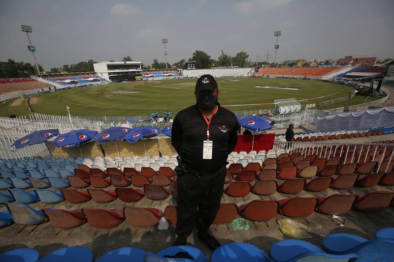 A Pakistani police officer at the Rawalpindi Cricket Stadium. AP