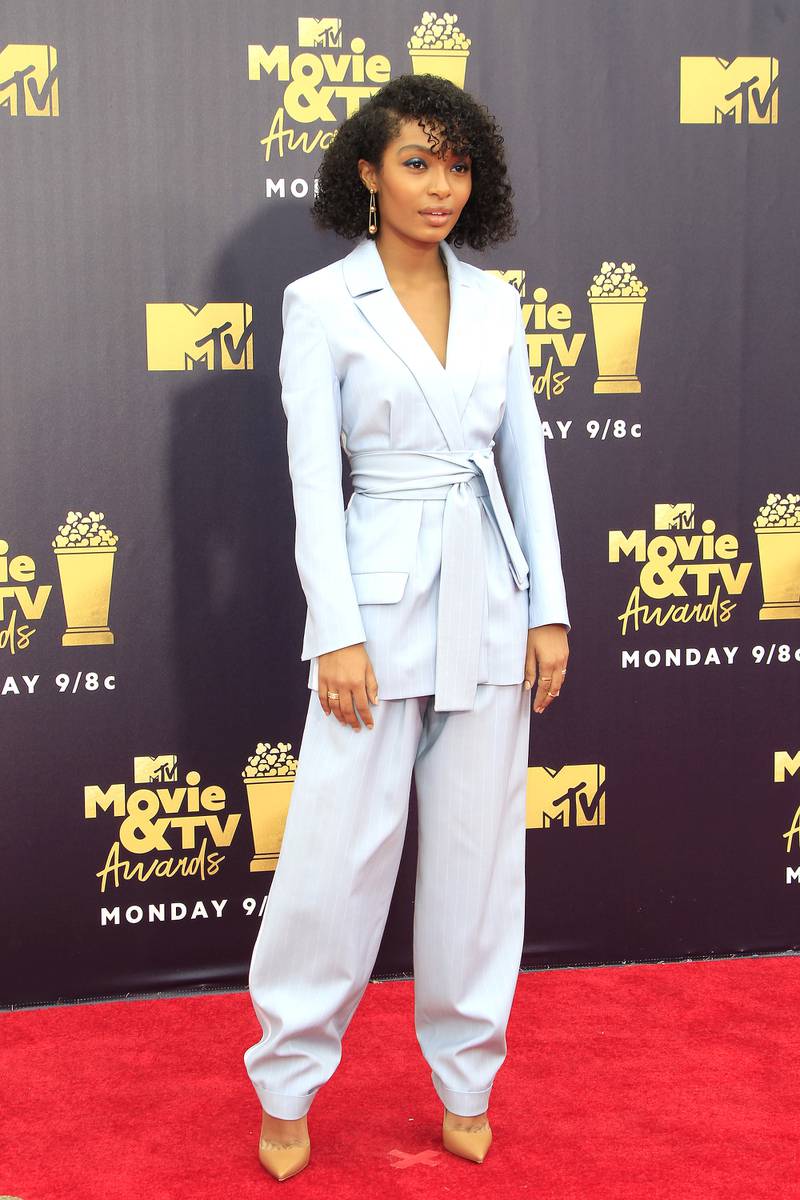 Yara Shahidi, in ice blue Tory Burch, arrives for the MTV Movie and TV Awards on June 16, 2018. EPA