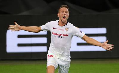 Sevilla's Luuk de Jong celebrates scoring their second goal. Reuters
