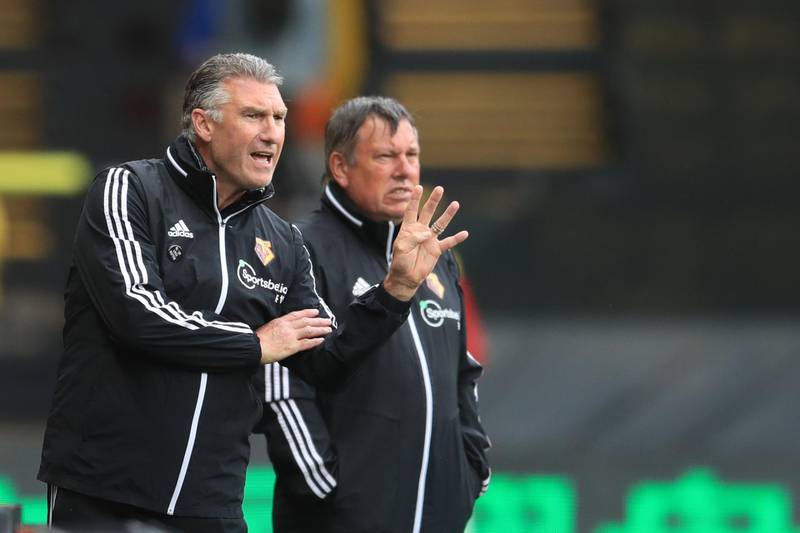 Watford's English head coach Nigel Pearson (L) and Assistant Coach Craig Shakespeare (R) look on fron the sidelines during the English Premier League football match between Watford and Southampton at Vicarage Road Stadium in Watford, north of London on June 28, 2020. RESTRICTED TO EDITORIAL USE. No use with unauthorized audio, video, data, fixture lists, club/league logos or 'live' services. Online in-match use limited to 120 images. An additional 40 images may be used in extra time. No video emulation. Social media in-match use limited to 120 images. An additional 40 images may be used in extra time. No use in betting publications, games or single club/league/player publications.
 / AFP / POOL / Adam Davy / RESTRICTED TO EDITORIAL USE. No use with unauthorized audio, video, data, fixture lists, club/league logos or 'live' services. Online in-match use limited to 120 images. An additional 40 images may be used in extra time. No video emulation. Social media in-match use limited to 120 images. An additional 40 images may be used in extra time. No use in betting publications, games or single club/league/player publications.
