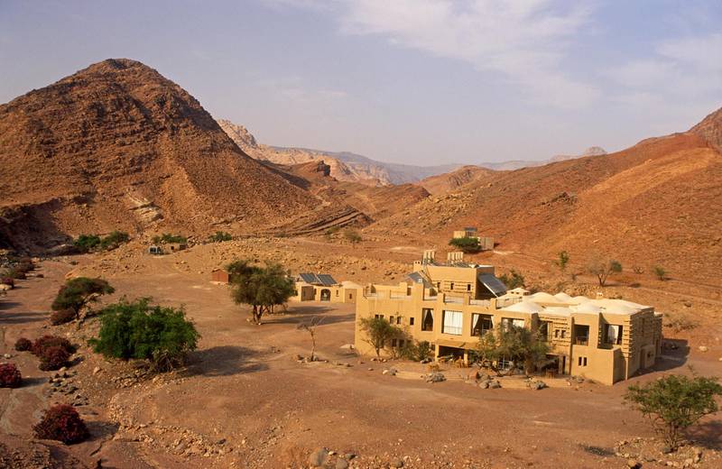 Jordan, Dana Biosphere Reserve, Wadi Feynan. The remote Feynan Eco-lodge stands amidst desert scenery near the confluence of Wadi Feynan and Wadi Araba. Getty Images