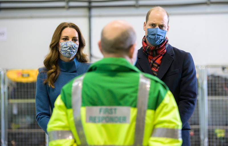 EDINBURGH, SCOTLAND - DECEMBER 07:  Prince William, Duke of Cambridge and Catherine, Duchess of Cambridge visit the Scottish Ambulance Service at Newbridge near Edinburgh as part of their working visits across the UK ahead of the Christmas holidays on December 7, 2020 in Edinburgh, Scotland, United Kingdom. During the tour William and Kate will visit communities, outstanding individuals and key workers to thank them for their efforts during the coronavirus pandemic. (Photo by Wattie Cheung - WPA Pool/Getty Images)