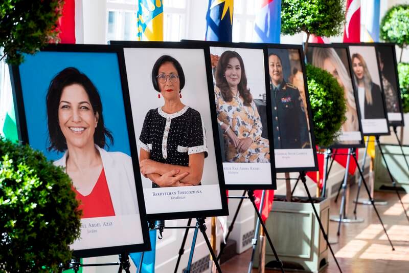 The portraits of recipients of the 17th annual International Women of Courage Award displayed in the East Wing of the White House on March 8. EPA