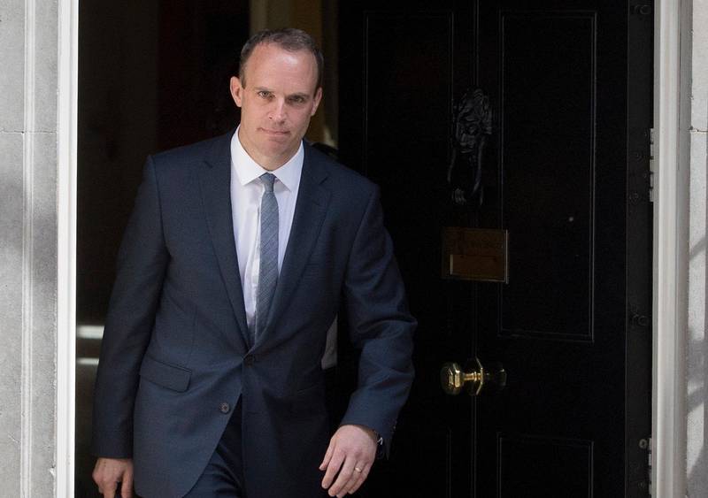 epa06874863 Dominic Raab leaves the British Prime Mionister's London residence, 10 Downing Street, Central London, 09 July 2018. Housing minister Dominic Raab has been appointed Brexit Secretary by Theresa May replacing David Davis who resigned the post on 08 July 2018.  EPA/RICK FINDLER