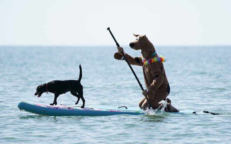 A competitor and their dog practise before the Dog Masters 2022 UK Dog Surfing Championships at Branksome Dene Chine beach in Poole, Dorset, southern England. PA