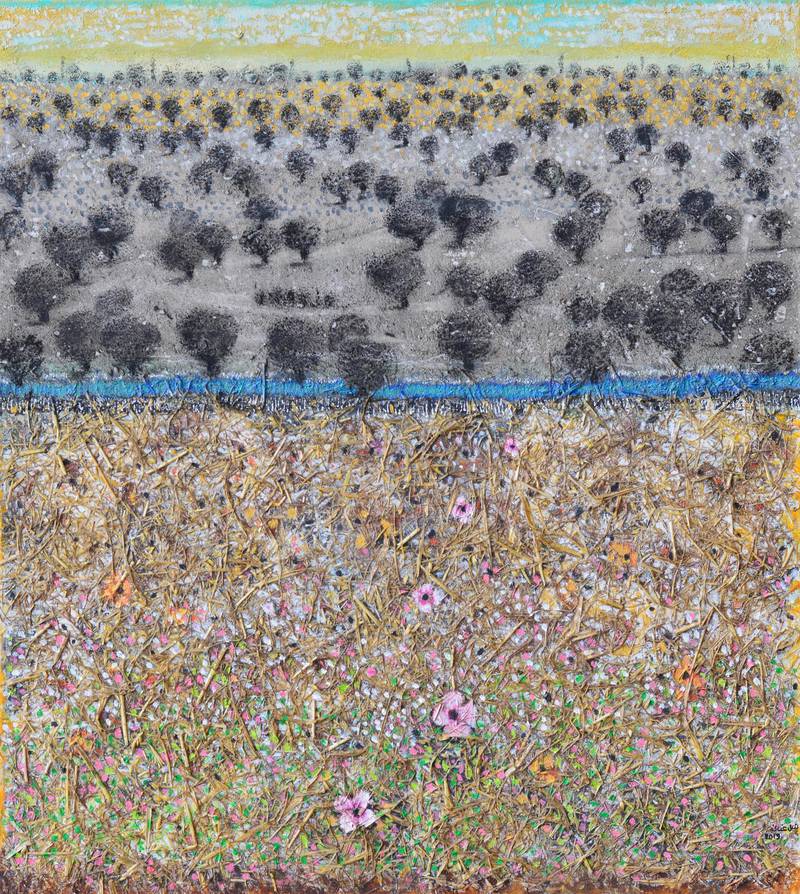 In Nabil Anani's 'Olive Groves' series, the artist uses natural desiccated plants, straw and mixed media to create the landscape works. Courtesy the artist and Zawyeh Gallery