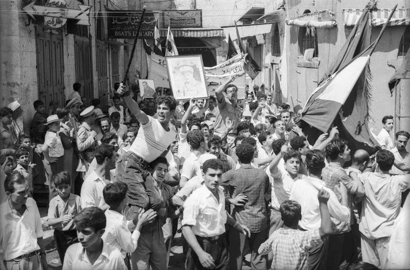 A public demonstration in support of Gamal Abdel Nasser in Sidon, Lebanon, 1956. Chafic El-Soussi Collection, courtesy of the Arab Image Foundation.