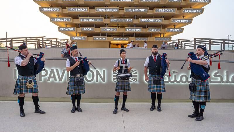Members of the Scottish Association Dubai Pipe Band outside the UK pavilion at Expo 2020 Dubai on Tuesday. All photos: UK pavilion