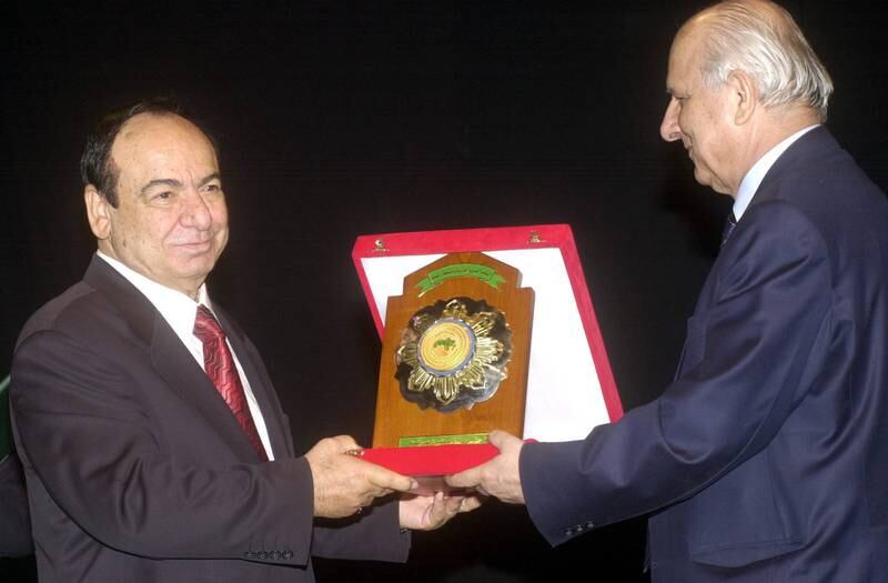 Sabah Fakhri being presented with the Arab Music Prize by then Syrian education minister, Mahmoud Al Sayed, on June 22, 2004 in Damascus at the Arab Organisation for Culture and Sciences festival. EPA