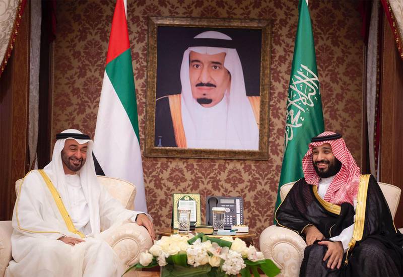 <p>Sheikh Mohammed bin Zayed, left, and Saudi Arabia&#39;s Crown Prince Mohammed bin Salman&nbsp;sit together ahead of the first coordination council between UAE and Saudi Arabia. Photo Courtesy SPA</p>

