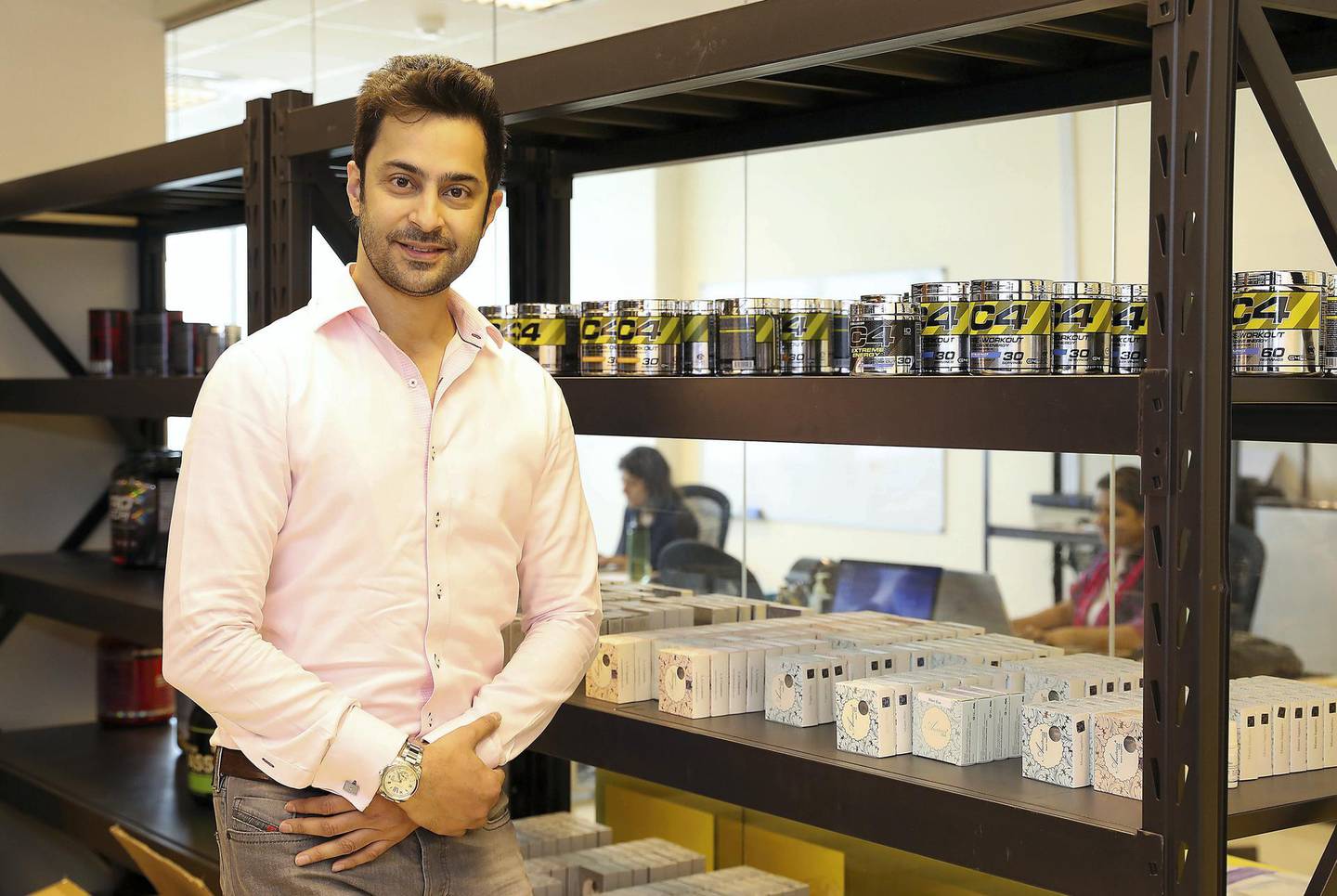 DUBAI, UNITED ARAB EMIRATES, September 4 – 2018 :- Faraz Khan , founder of the Soukare a lifestyle and healthcare tech startup with some of the products at his office in the Pinnacle Building on Sheikh Zayed road in Dubai. ( Pawan Singh / The National )  For Business. Story by Alice 