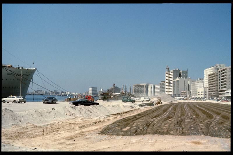 An image by Mark Harris in 1977 of Baniyas Road, the waterfront artery around Deira, being extended on land that had been reclaimed from the waters of Dubai Creek