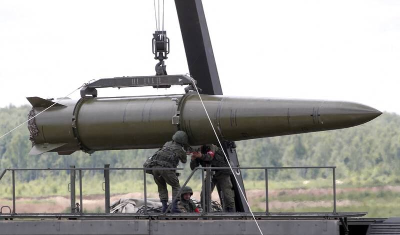 Russian servicemen load a Iskander tactical missile system near Moscow. It is now estimated that just 120 of the weapons with a 500km range remain in their inventory. Reuters
