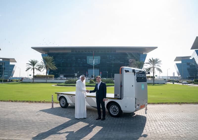 Mohsen Ahmad, chief executive of Dubai South's Logistics District, and Andrey Bolshakov, founding chief executive of Evocargo, with the driverless EVO.1 truck. Photo: Dubai Media Office