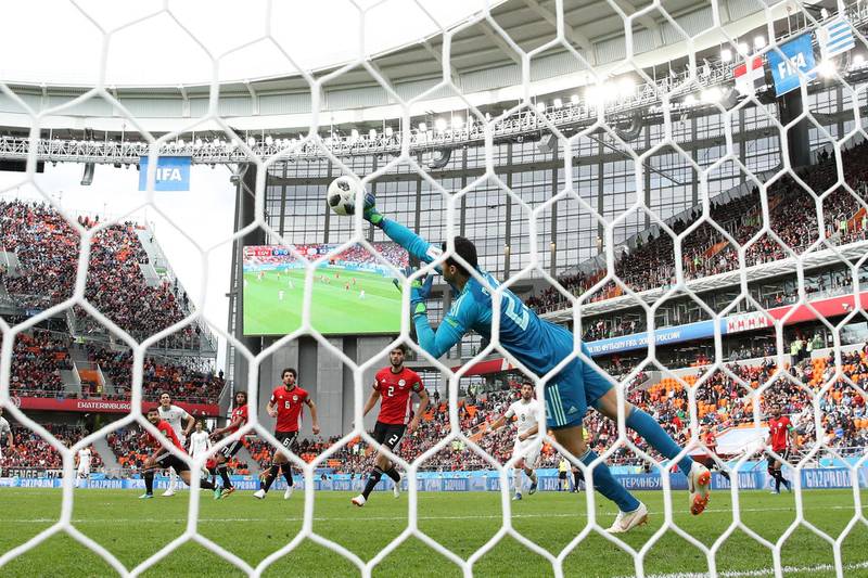 Egypt's Mohamed Elshenawy makes a save during their group A match with Uruguay at the 2018 FIFA World Cup at the Yekaterinburg Arena in Yekaterinburg, Russia, on June 15, 2018. Ryan Pierse / REMOT E/ Getty Images
