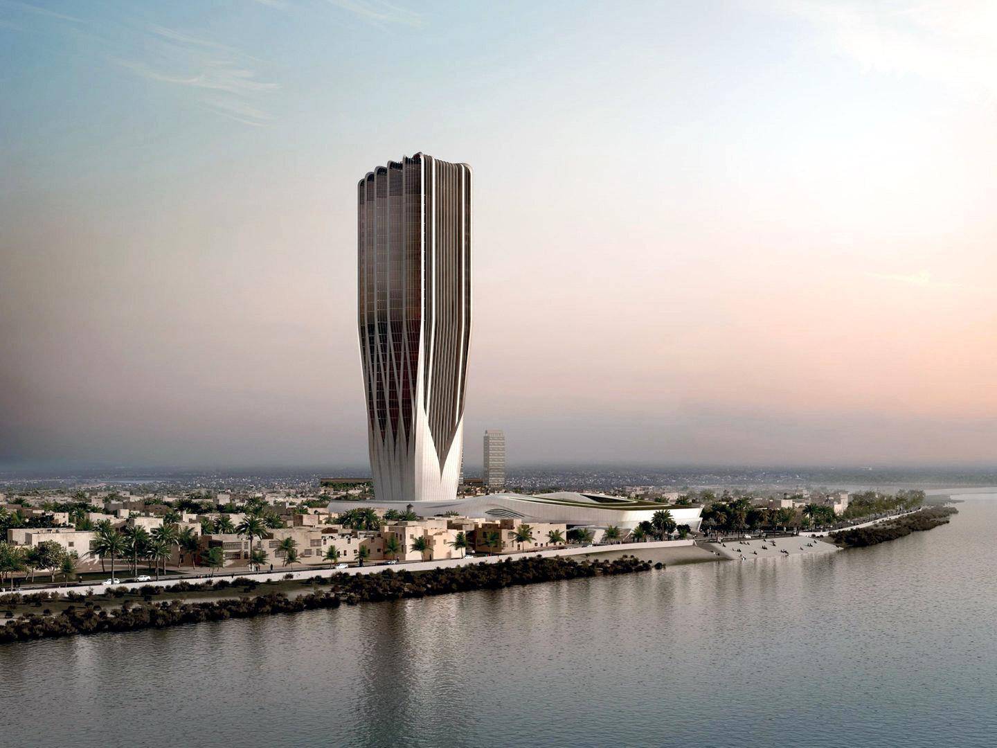 Zaha Hadid’s Central Bank of Iraq (CBI) design will be A Landmark Tower & Financial Monument on the shores of the Tigris River in Baghdad, Iraq. courtesy: Zaha Hadid Architects